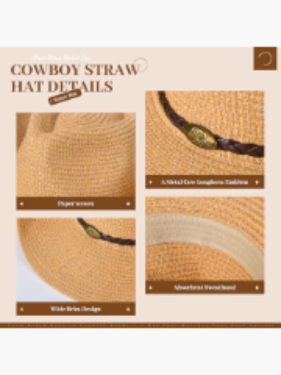 Straw Cowboy Hat with Wide Brim and Adjustable Chin Strap